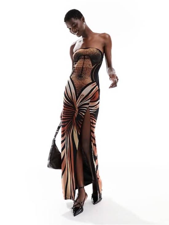 Dresses & Skirts - Strapless Orange & Black Printed Maxi Dress